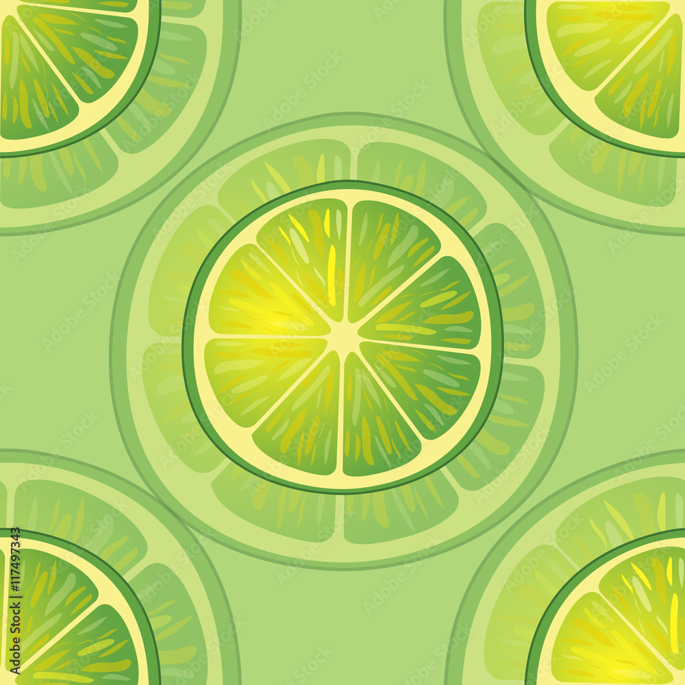 Vector illustration of big lime slices in different angles on light green. Pattern. Vector illustration of big lime slices in different angles on light green. Pattern.