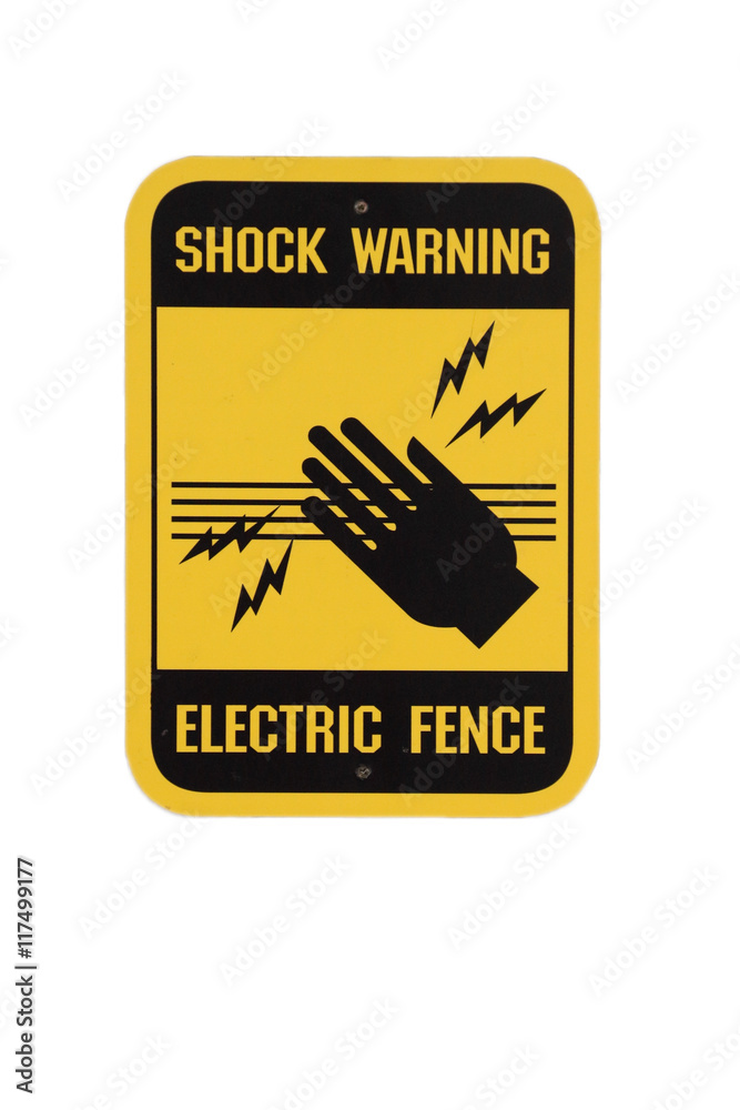 Fototapeta premium Shock warning sign at electric fence. Yellow and black in white background