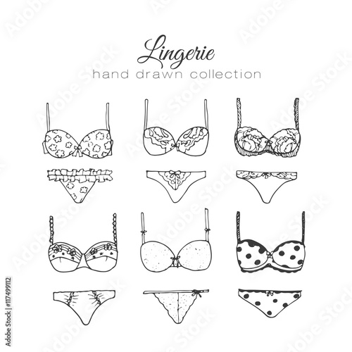 Vector lingerie set. Sexy underwear design. Outline hand drawn illustration. Bras and panties doodle.