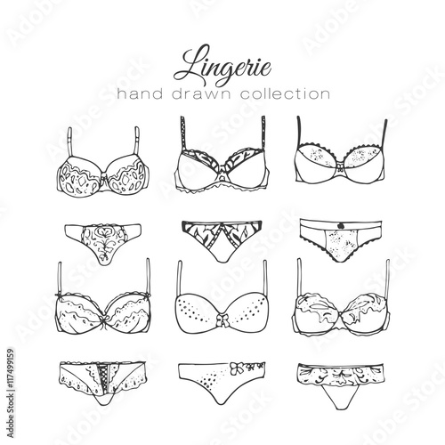 Vector lingerie set. Sexy underwear design. Outline hand drawn illustration. Bras and panties doodle.