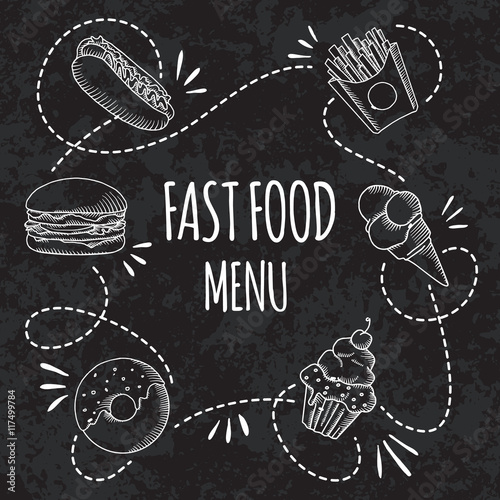 Fast food menu. Set of cartoon vector background.