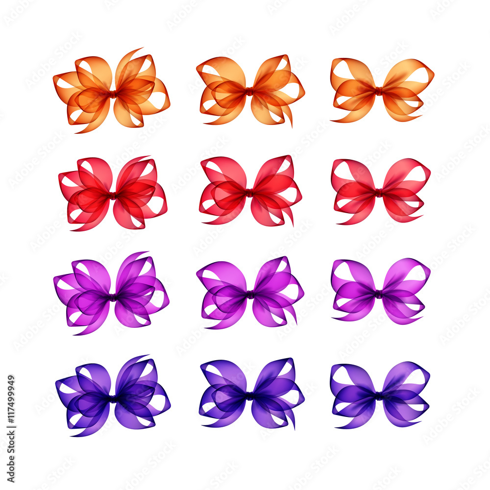 Vector Set of Colored Bright Orange Red Scarlet Purple Violet Lilac Gift Bows of Different Shapes Close up Isolated on White Background