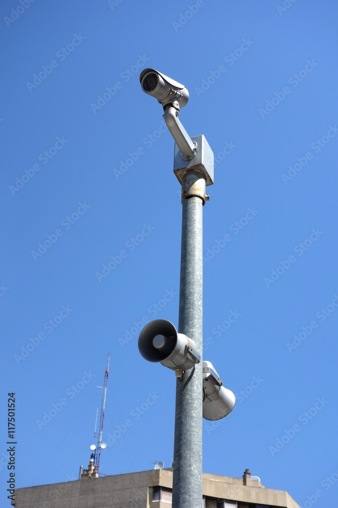 surveillance camera with speakers in the street in Saragossa, Spain surveillance camera with speakers in the street in Saragossa, Spain