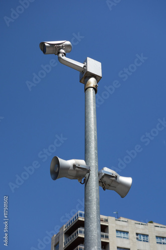 surveillance camera with speakers from one side in the street in Saragossa, Spain
