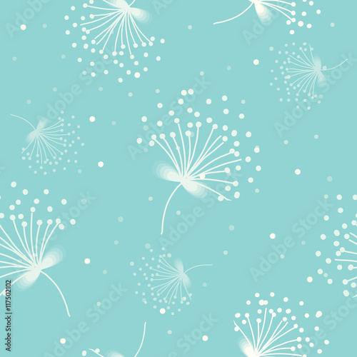Vector of tender white pollen decoration into seamless pattern on blue cyan background colors.