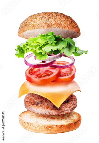 Flying burger ingredients isolated