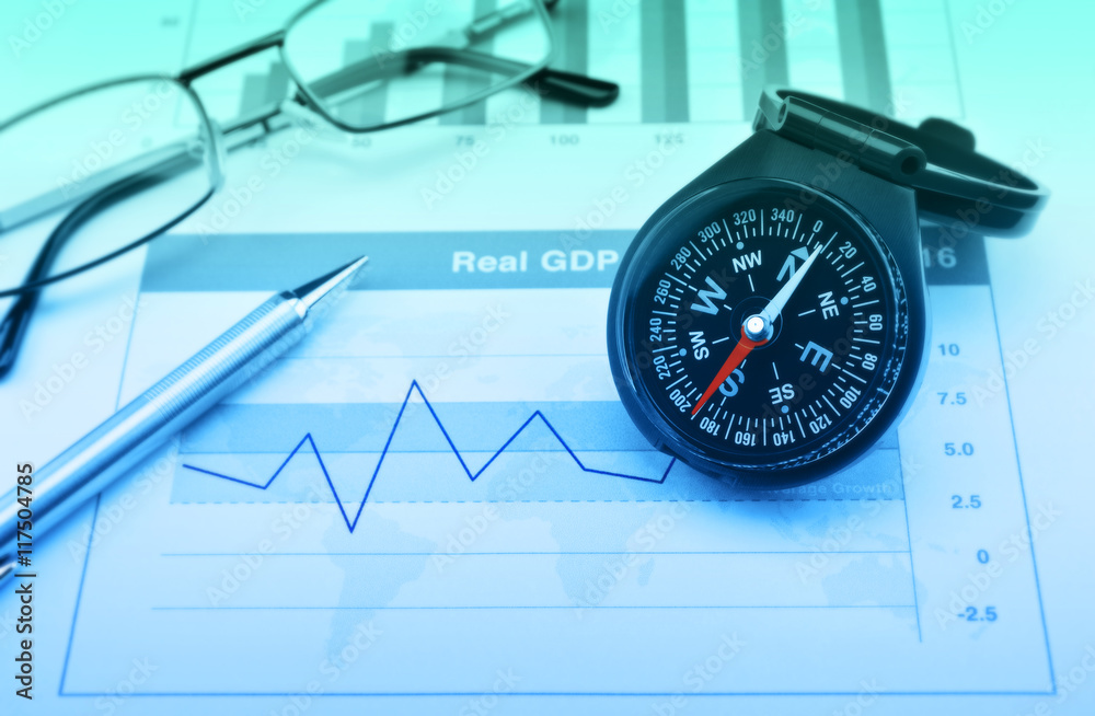 Blue compass with pen and glasses on growth financial chart and Blue compass with pen and glasses on growth financial chart and
