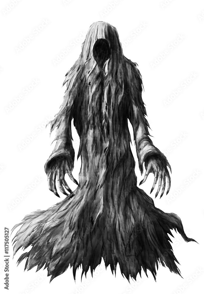Hand drawing of ghost in rags on white background