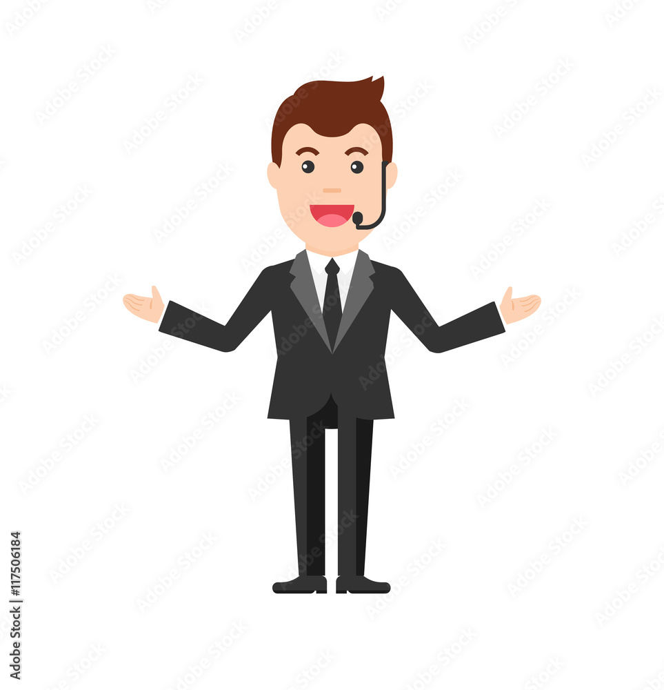 Business Training vector illustration. Speaker in a suit speaking to the audience. Man giving speech Icon.