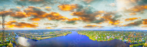 Aerial panoramic view of West Palm Beach, Florida. Sunset skylin