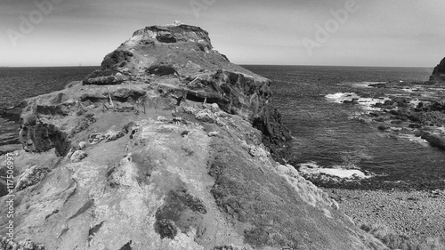 Black and white aerial view of Cape Schanck, Australia