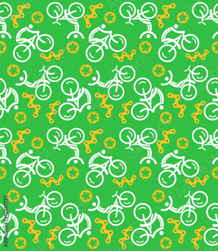 Decorative green Seamless cycling pattern with cycling icons. Vector available. 