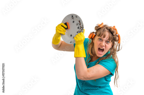 Aggressive housewife woman washing dishes
