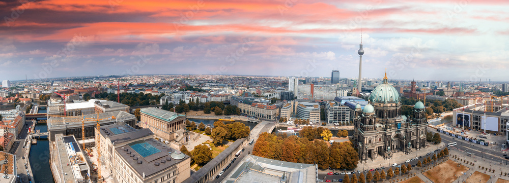 Sunset over Berlin, aerial view of Cathedral and surrounding are