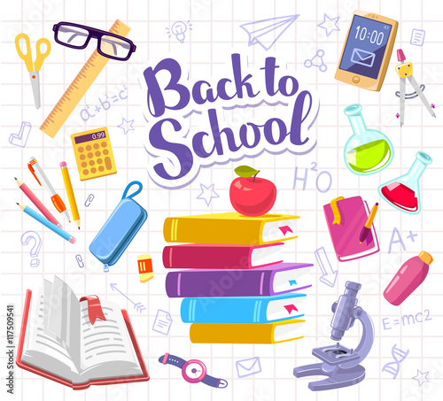 Vector colorful illustration with many school supplies on backgr