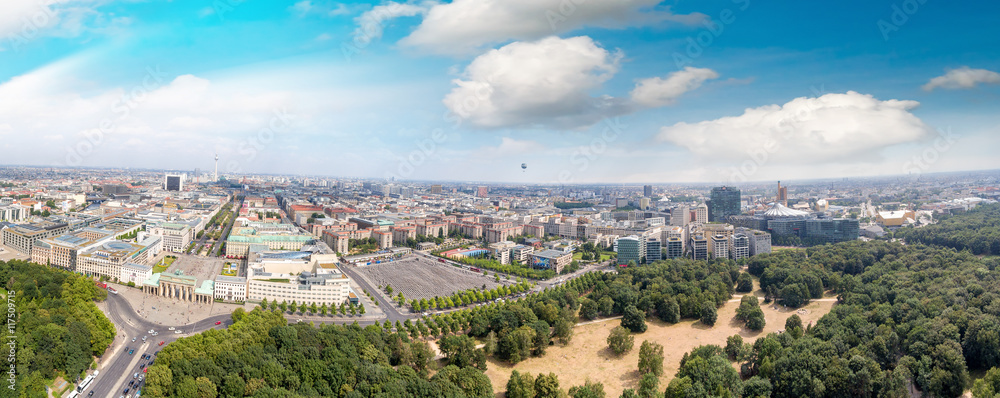 Aerial panoramic view of Berlin Brandenburg Gate area, Germany