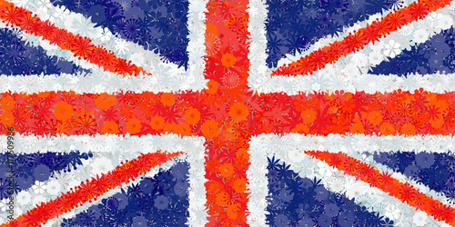 British flag with flowers. Floral background with flag of United Kingdom