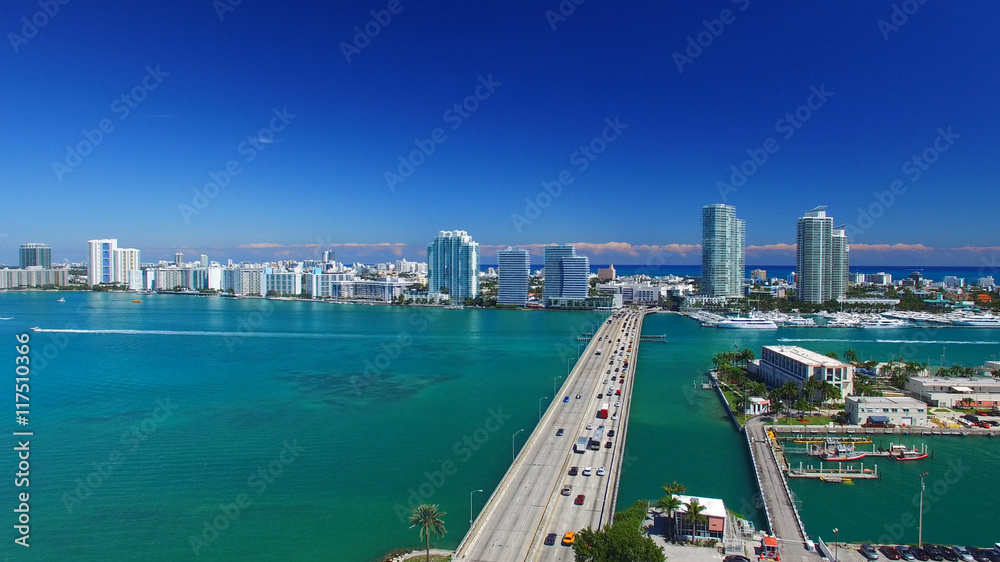 Miami Beach, Florida. Aerial view of city skyline at dusk Miami Beach, Florida. Aerial view of city skyline at dusk