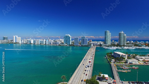 Miami Beach, Florida. Aerial view of city skyline at dusk © jovannig