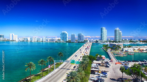 MacArthur Causeway and Miami skyline from the air © jovannig