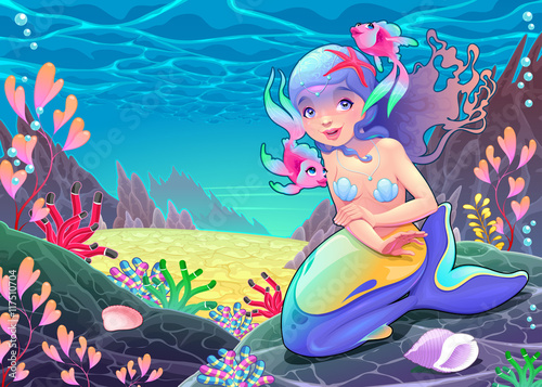 Funny cartoon mermaid in th...