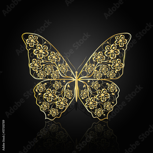 Fototapeta Naklejka Na Ścianę i Meble -  Gold butterfly with floral pattern.
