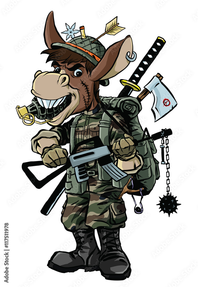Illustration of donkey soldier with big weapon Illustration of donkey soldier with big weapon