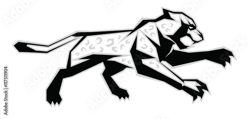 Illustration of black, white, grey jaguar jump