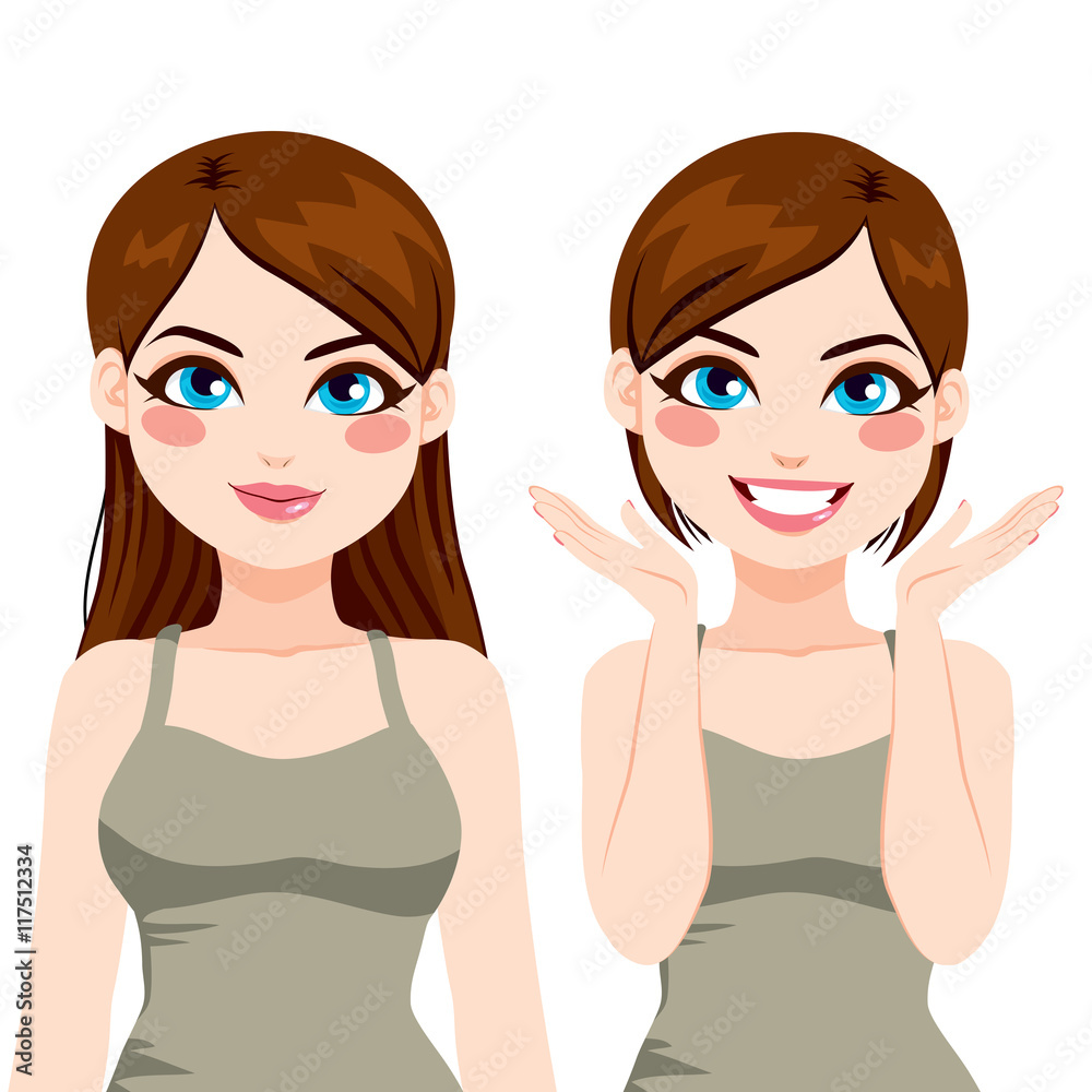 Brunette woman with long hairstyle and after short haircut Brunette woman with long hairstyle and after short haircut