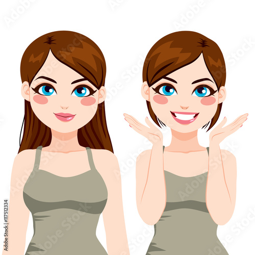 Brunette woman with long hairstyle and after short haircut