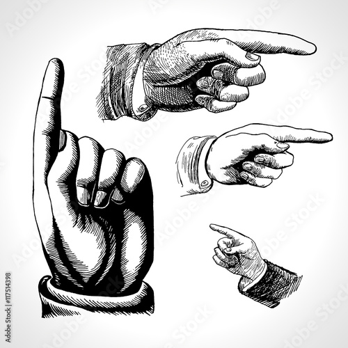 Retro pointing. Vintage and direction, finger-pointing and showing. Vector set retro Vintage pointing hand drawing