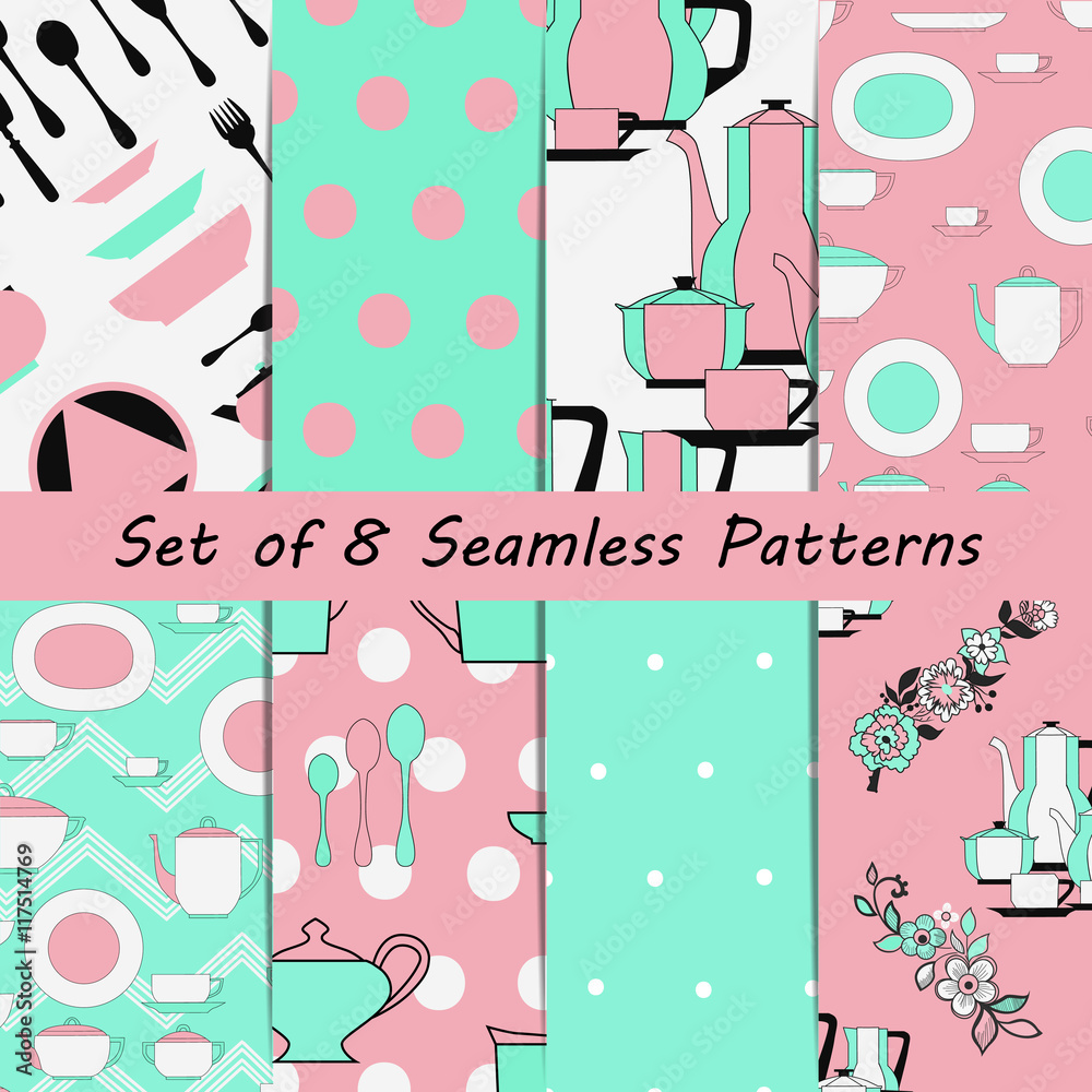 Set of seamless patterns utensil. Kitchen staff plates, cups, cutlery and tea set.