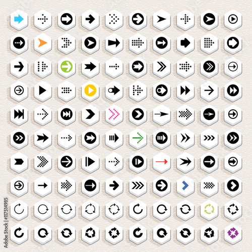 100 icon with arrow sign. Set 01. Hexagon button with shadow on beige paper texture background. Simple minimal, flat, solid, mono, plain style. Vector illustration web internet design element 10 eps