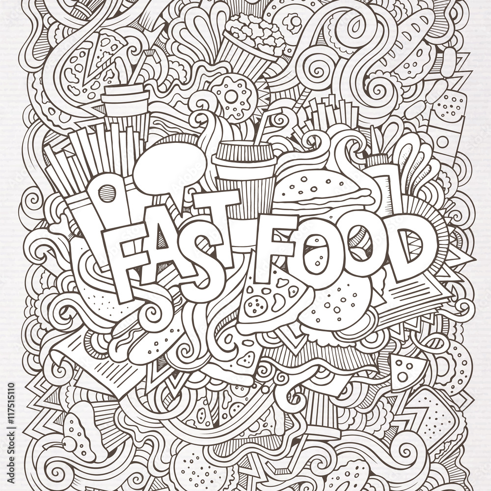 Fast food hand lettering and doodles elements background Fast food hand lettering and doodles elements background