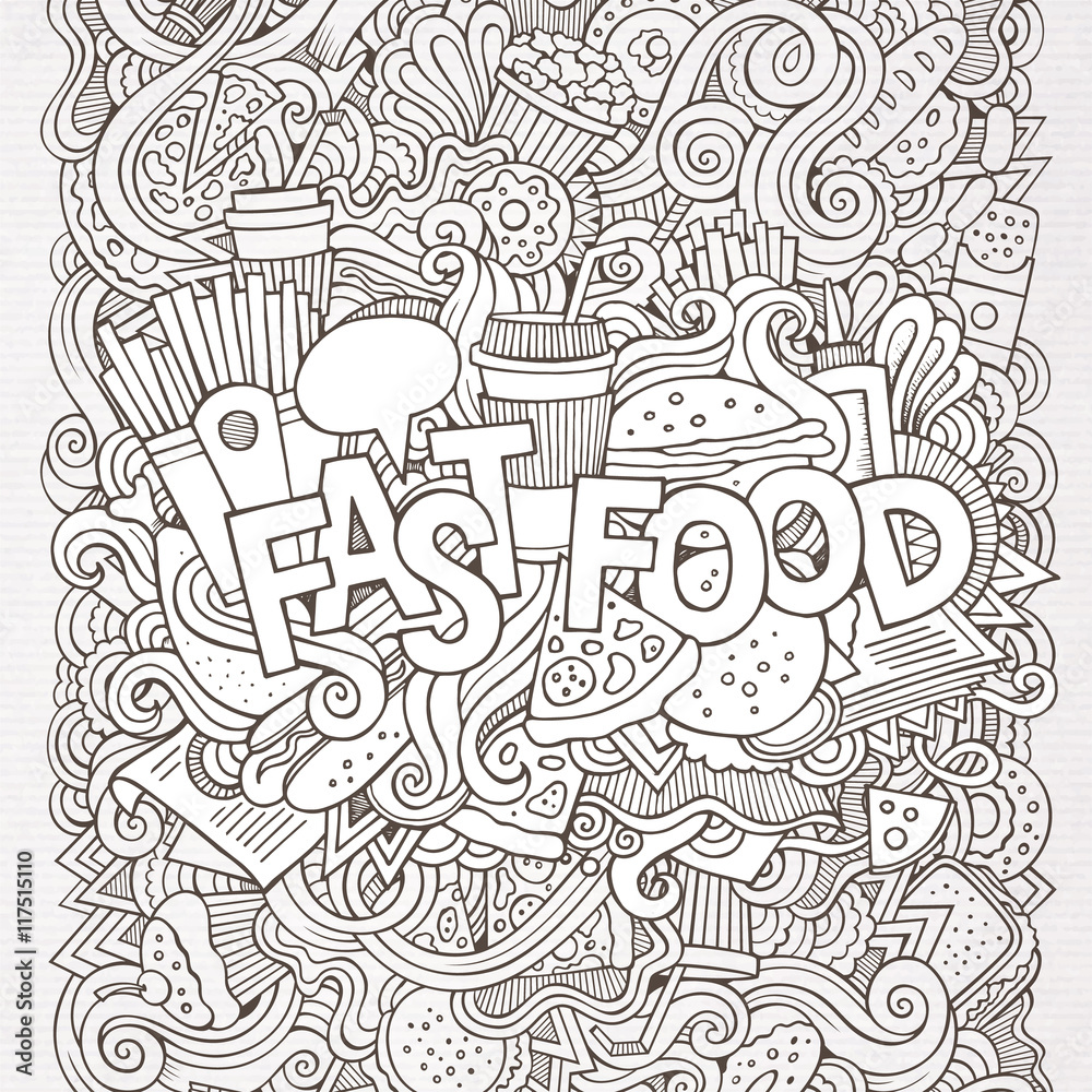 Fast food hand lettering and doodles elements background