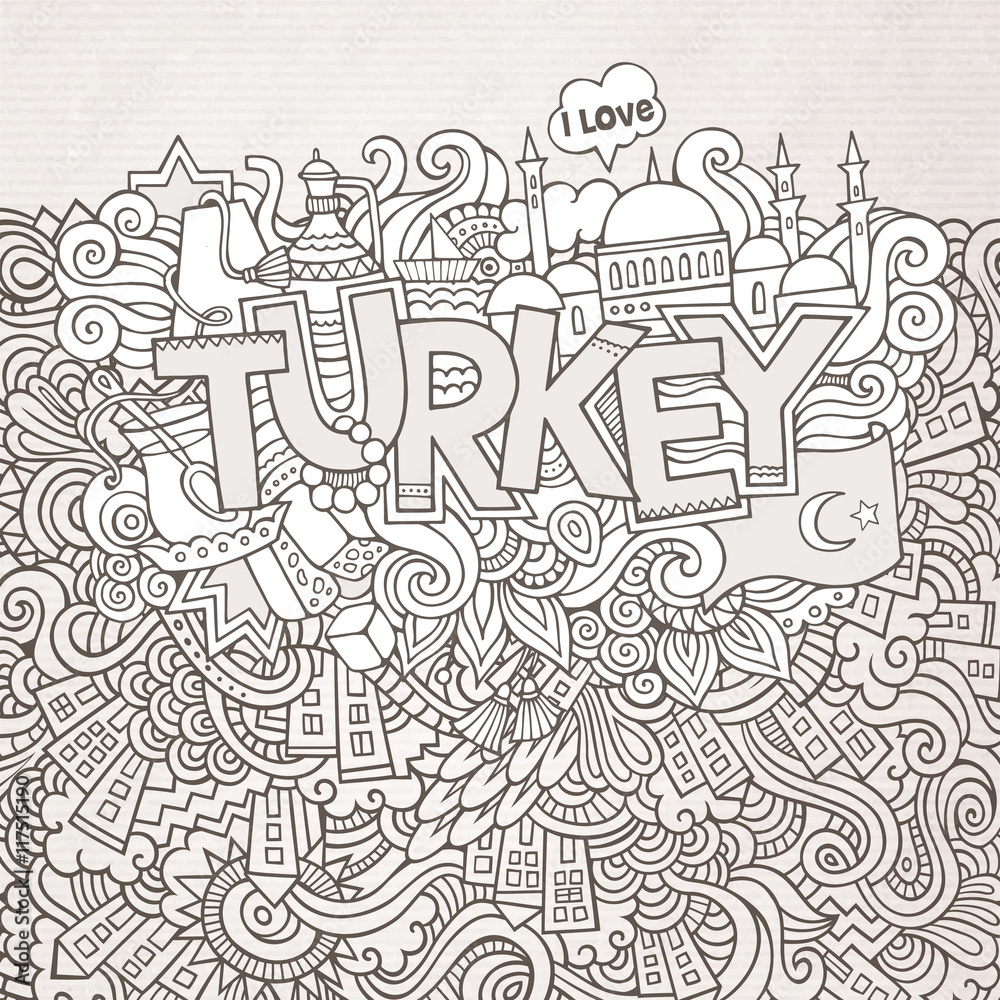 Turkey hand lettering and doodles elements background.