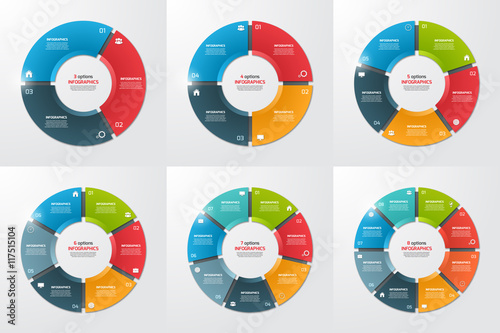 Set of pie chart circle infographic templates with 3-8 options. Business concept. Vector illustration.