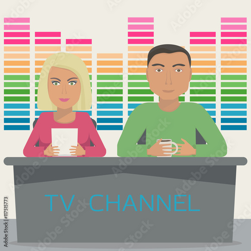 A man and a woman are anchors on the telecast in the studio. TV show with 2 anchor mans on tv channel. Vector illustration.