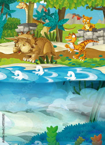 Cartoon happy dinosaur - triceratops diplodocus and other underwater dinosaurs - illustration for the children