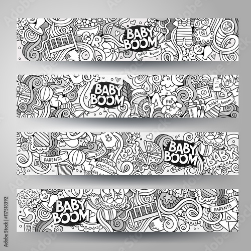 Cartoon vector hand-drawn sketchy baby boom doodles banners