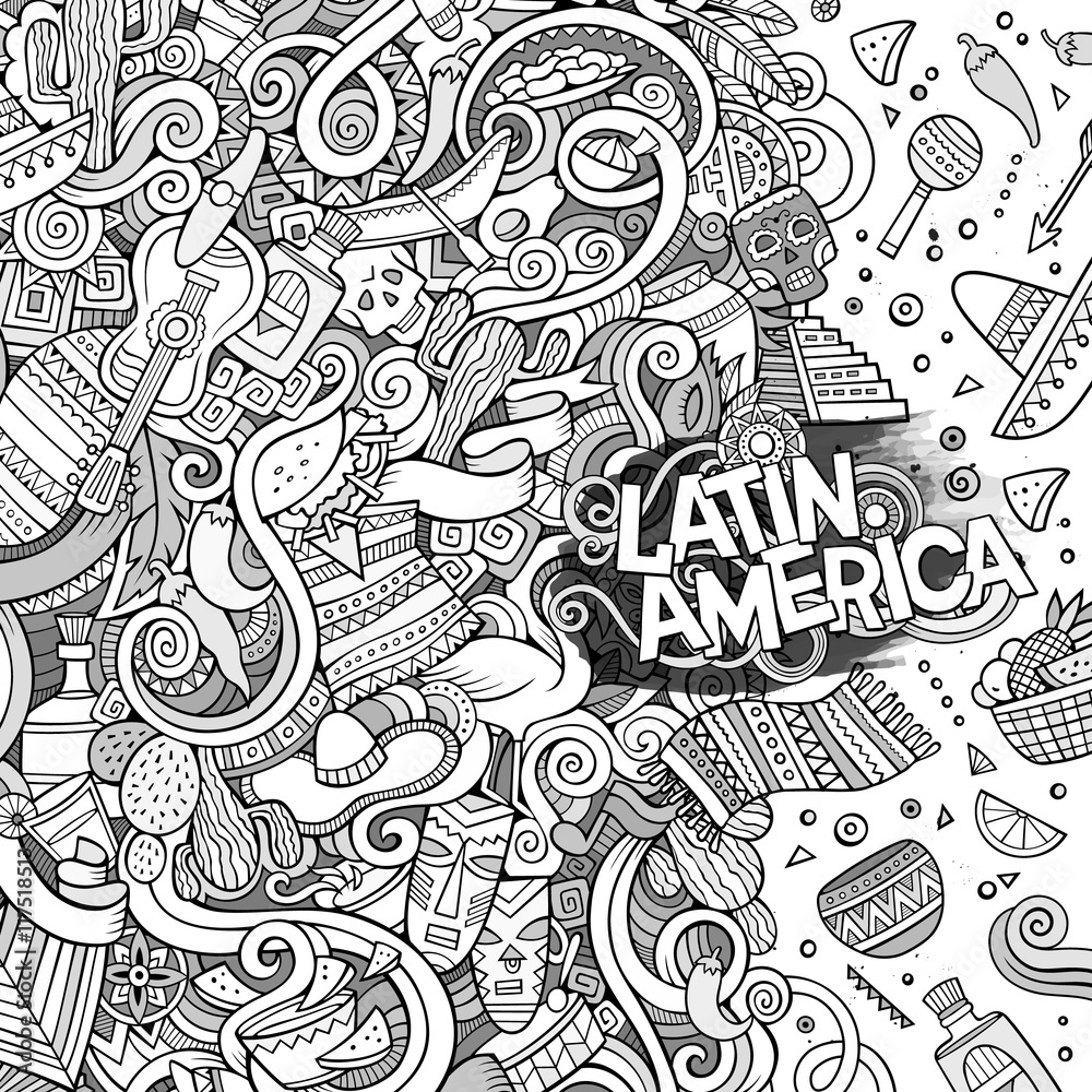 Cartoon hand-drawn doodles Latin American frame Cartoon hand-drawn doodles Latin American frame