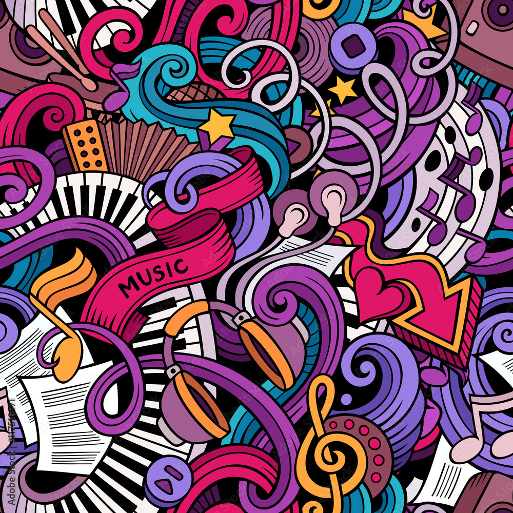 Cartoon hand-drawn doodles music seamless pattern