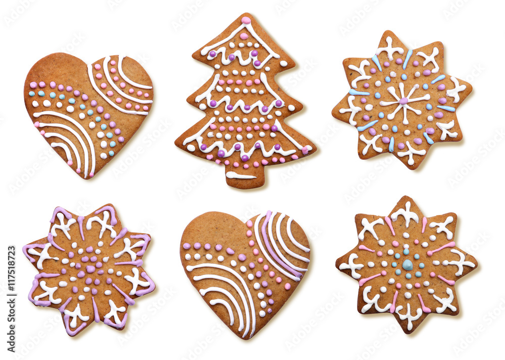 Decorated Christmas gingerbread cookies isolated