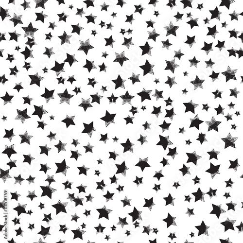 Stars art. Black and white background. Seamless monochrome pattern. Vector illustration. 