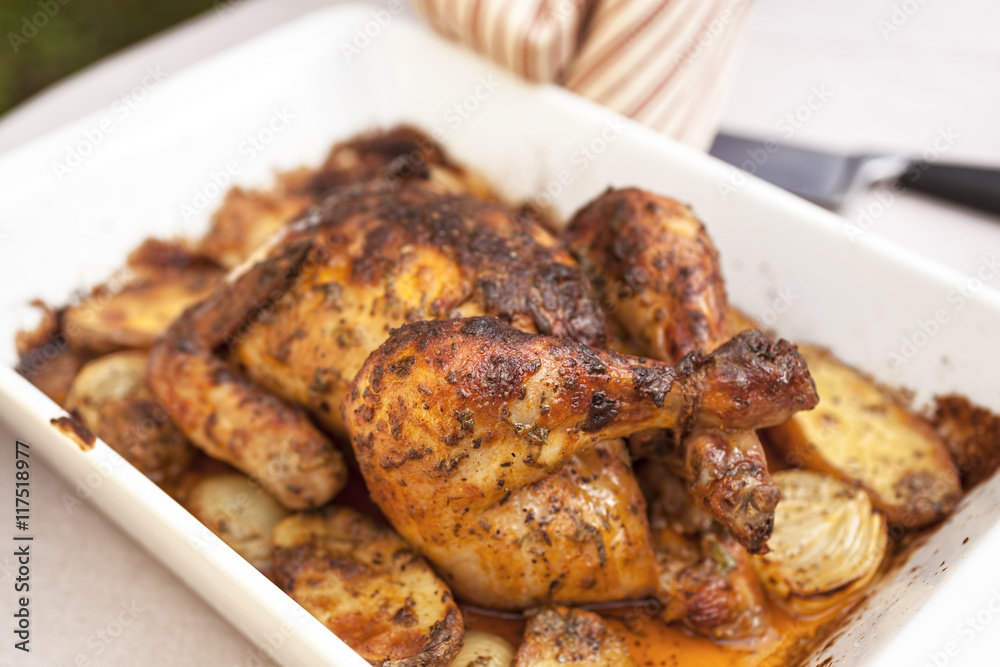homemade roast chicken, horizontal, white tray homemade roast chicken, horizontal, white tray