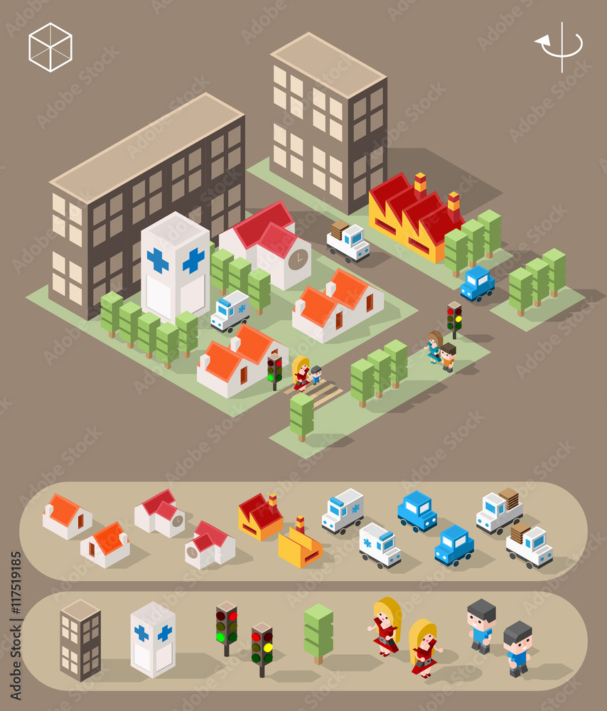 Set of Isolated Isometric Minimal City Elements. Town with Shadows. Set of Isolated Isometric Minimal City Elements. Town with Shadows.