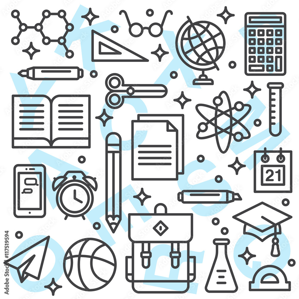 School supplies background with line art icons. Stock Vector | Adobe Stock