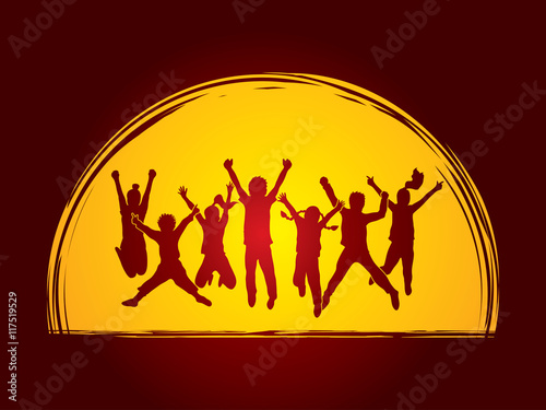 Group of children jumping , Front view designed on moonlight background graphic vector.