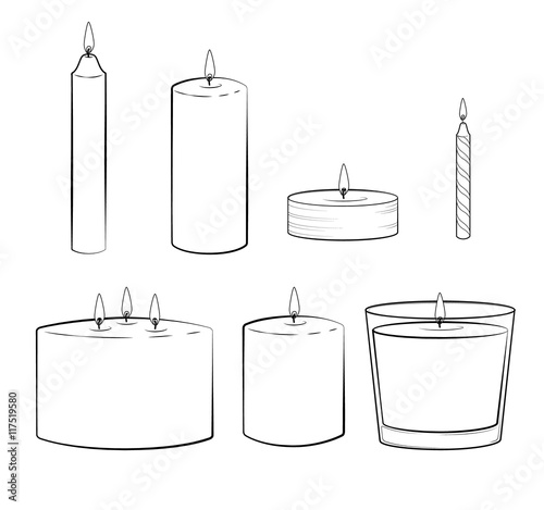 Candle simple illustrated. set of candles sticks: jar, pillar candle, container candle, tealight, multi wick, party candle. Isolated illustration. Vector.