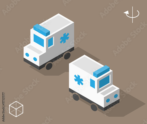 Set of Isolated Isometric Minimal City Elements. Ambulance with Shadows.